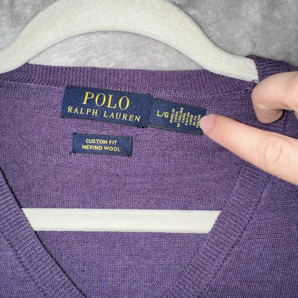 Polo Ralph Lauren Merino Wool V Neck Sweater SZ L Purple Preppy Custom Fit